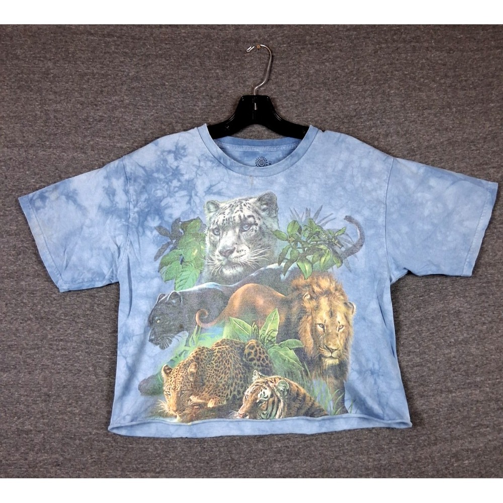 The Mountain Womens Shirt M Blue Tie Dye Big Cat Jungle Tiger Lion Crop Upcycle